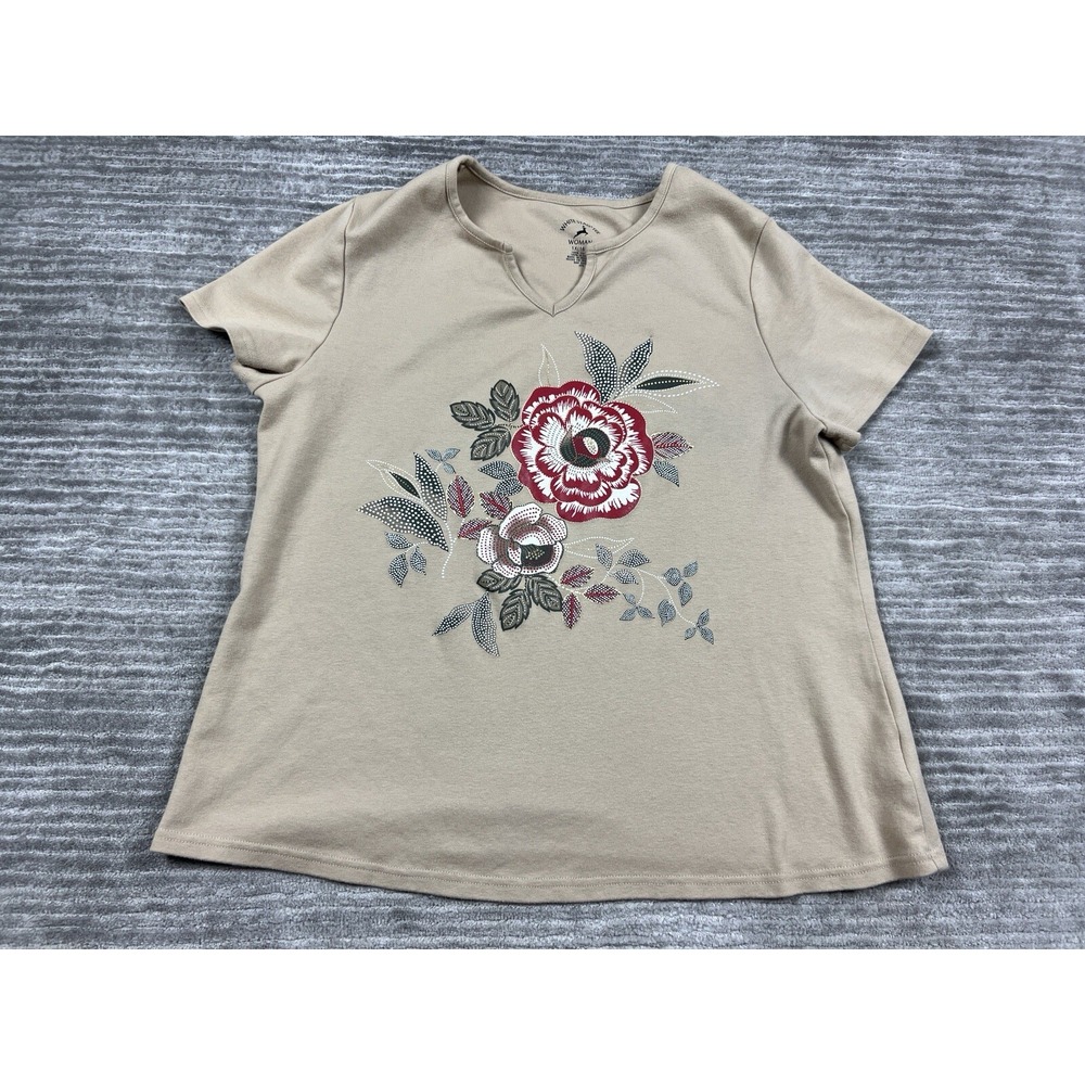 White Stag T-Shirt Women 1X Vallejo Tan Floral Notch Neck Studded WSW382104S2